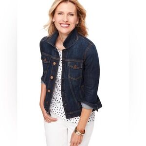 Talbots Jean denim jacket front pockets metal buttons banded bottom size P
C b